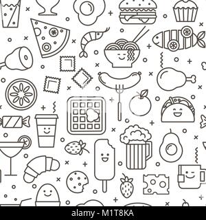 Vektor nahtlose Muster mit Umrissen iconic Abbildung: Restaurant und Fast Food wie Kaffee, Pizza, Fladen, Burger, Eis und Chinesischen Platten. Stock Vektor