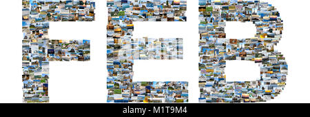 Februar - Illustrierte Name der Kalender Monat, jeden Buchstaben mehrere Fotos gemacht wird. Collage Bilder Stockfoto