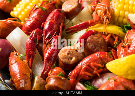 Hausgemachte südlichen Panzerkrebsblutgeschwür mit Kartoffeln, Wurst und Mais Stockfoto