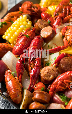 Hausgemachte südlichen Panzerkrebsblutgeschwür mit Kartoffeln, Wurst und Mais Stockfoto