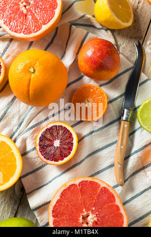 Verschiedene Raw Organic Zitrusfrüchte mit Orangen und Mandarinen Zitronen Zitronen Pampelmusen und Grapefruits Stockfoto