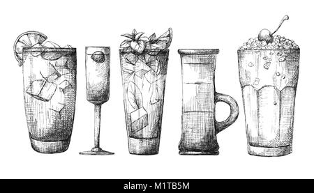 Einstellen der verschiedenen Gläser, verschiedene Cocktails. Vector Illustration einer Skizze Stil Stock Vektor
