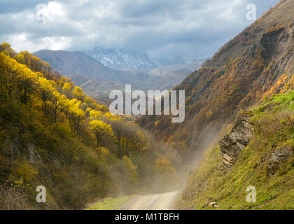 The road in the autumn mountains of Georgia, the turned yellow foliage on the trees growing on slopes. On a background snow-covered tops of mountains  Stockfoto