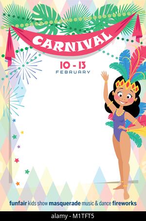 Vorlage Karneval poster Mit niedlichen brasilianischen Mädchen mit einem Samba Tänzer Kostüm. Für Ihre Nachricht. Vector Illustration. Stock Vektor