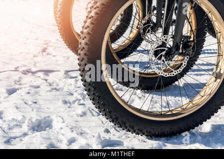 Nahaufnahme der fatbike Reifen im Schnee Stockfoto