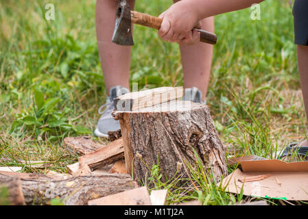 Moody Schuß von ax Schnitt in einem Baumstumpf auf der grünen Landschaft und Wald Hintergrund. Sammeln von Holz für das Lagerfeuer Essen in Crock Pot auf offenem Feuer zu kochen. Barbe Stockfoto