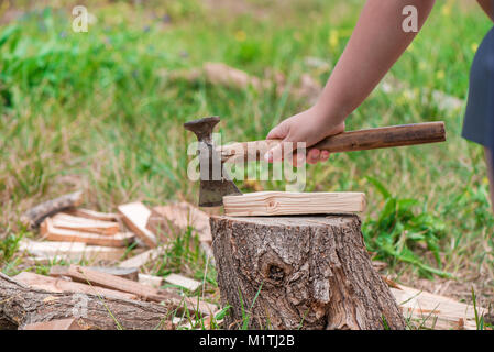 Moody Schuß von ax Schnitt in einem Baumstumpf auf der grünen Landschaft und Wald Hintergrund. Sammeln von Holz für das Lagerfeuer Essen in Crock Pot auf offenem Feuer zu kochen. Barbe Stockfoto