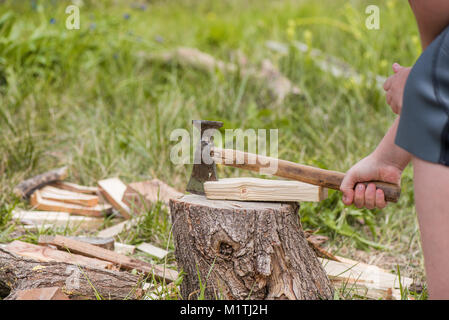 Moody Schuß von ax Schnitt in einem Baumstumpf auf der grünen Landschaft und Wald Hintergrund. Sammeln von Holz für das Lagerfeuer Essen in Crock Pot auf offenem Feuer zu kochen. Barbe Stockfoto