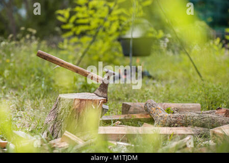 Moody Schuß von ax Schnitt in einem Baumstumpf auf der grünen Landschaft und Wald Hintergrund. Sammeln von Holz für das Lagerfeuer Essen in Crock Pot auf offenem Feuer zu kochen. Barbe Stockfoto