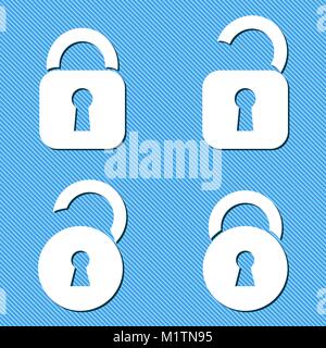 Vier weiße Vektor offene und geschlossene Vorhängeschloss Symbole Stock Vektor