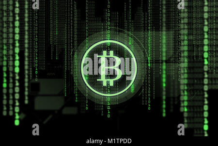 Bitcoin Projektion und Binärcode über Schwarz Stockfoto