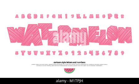 Der Sommer stilisierte Alphabet Buchstaben und Zahlen. Vektor, Cartoon Stil Schriftart. frische Verpackung Schriftentwurf. Cool, Wassermelone dekorative Typ Stock Vektor