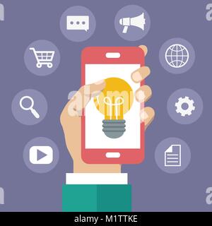 Werbung Konzept. Marketing Service Symbol. Mann mit Handy mit Glühbirne. Flache Vector Illustration Stock Vektor