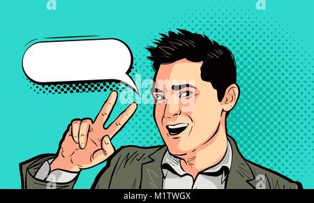 Happy Geschäftsmann oder junger Mann in Pop Art retro Comic Stil. Sieg, Erfolg, win Konzept. Cartoon Vector Illustration Stock Vektor