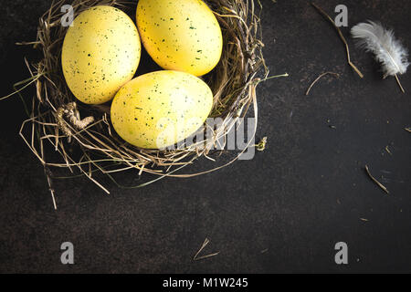 Ostereier im Nest auf rustikalen Metall Hintergrund. Verzierten Ostereier mit Federn im Nest auf braunen Tisch mit kopieren. Frühling, Ostern oder Hea Stockfoto