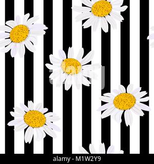 Daisy Flowers. Nahtlose Muster. Vector Illustration. schwarze und weiße Streifen Stock Vektor