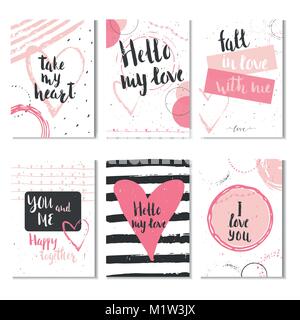 Set von 6 Valentinstag Geschenk Karten mit Herz und Schriftzug. Kalligraphie, Hand gezeichnet Design Elemente für Print, Plakat, Einladung. Stock Vektor