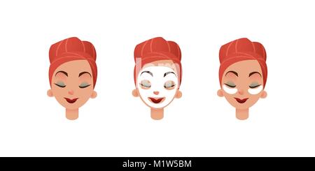 Schöne Frauen s Gesichter. Mädchen mit reinigenden Maske und Auge Flecken gegen die Kreise unter den Augen. Gesichts- und Augenpflege. Flache Vector Illustration Stock Vektor