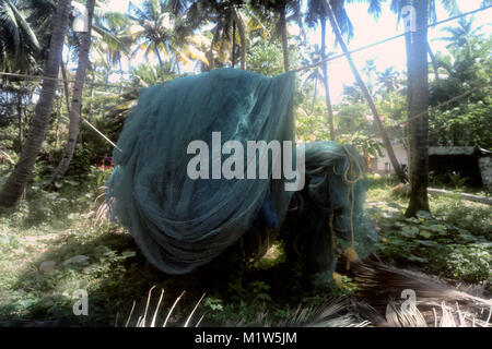 Angeln in Indien. Fischernetze Trocknen im Hof der Fischer im Schatten der Kokospalmen, Fischerhaus. Arabische Meer Stockfoto