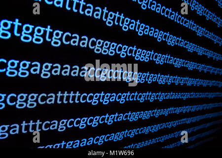 Die Sequenzierung des Genoms. Hintergrund zum Thema DNA-Sequenzierung, Symbole der Basen auf der Dunklen. Stockfoto