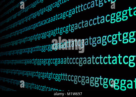 Die Sequenzierung des Genoms. Hintergrund zum Thema DNA-Sequenzierung, Symbole der Basen auf der Dunklen. Stockfoto