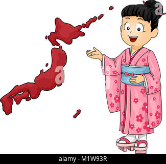 Abbildung: ein Kind Mädchen mit einem Kimono, japanischen Nationaltracht präsentiert die Karte von Japan Stockfoto