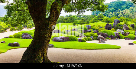 YASUGI, SHIMANE, Japan - 25. MAI 2010: Ansicht der japanischen trockene Landschaft Garten und ein Baum im Vordergrund Adachi Museum für Kunst in Yasugi, Shimane Präfekt Stockfoto