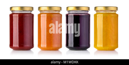 Gläser Marmelade auf weißem Hintergrund Stockfoto