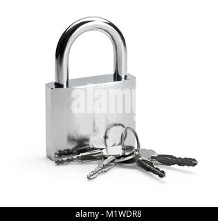 Metallische Schloss mit Schlüssel in Schlüsselloch auf Weiß mit Freistellungspfad isoliert Stockfoto