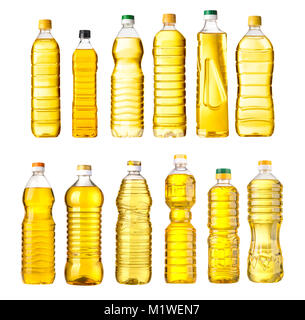 Gemüse oder Sonnenblumen Öl in Kunststoff-Flasche mit Beschneidungspfad enthalten isoliert Stockfoto