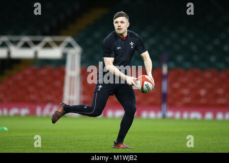 Fürstentum Stadium, Cardiff, UK. 2 Feb, 2018. Steff Evans von Wales bei der Wales Rugby Team Captains im Fürstentum Stadium in Cardiff, South Wales am Freitag, den 2. Februar 2018. Das Team für Ihre öffnung Natwest 6 Nations Championship 2018 Match gegen Schottland sind Morgen vorbereiten. Credit: Andrew Obstgarten/Alamy leben Nachrichten Stockfoto