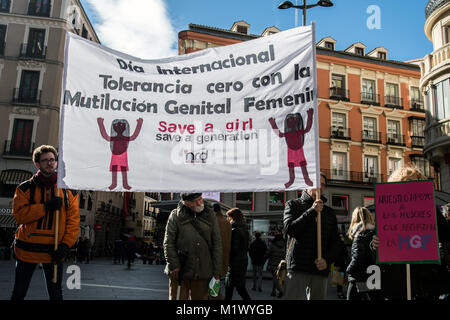 Madrid, Spanien. 3 Feb, 2018. Menschen mit einer Fahne, die liest" Tag der null Toleranz gegenüber weiblicher Genitalverstümmelung" gegen weibliche Genitalverstümmelung in Madrid, Spanien protestiert. Credit: Marcos del Mazo/Alamy leben Nachrichten Stockfoto