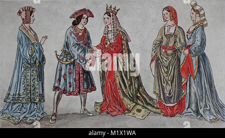 Bekleidung, Mode in Frankreich, von 1485-1510, Bauernhof Kleider, von links, eine Dame, ein Herr in Jagd Kleidung, die Königin und zwei Hofdamen, digital verbesserte Reproduktion einer Vorlage drucken aus dem 19. Jahrhundert Stockfoto