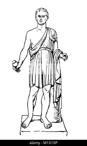 Mode, Kleidung in Griechenland, blühende 5th-4th century BC, ein craftsmans Kostüm, einen kurzen Chiton, zog auf der einen Schulter und der andere Arm ist kostenlos, Statue von Hephaistos, der Gott der Schmiede, digital verbesserte Reproduktion einer Vorlage drucken aus dem 19. Jahrhundert Stockfoto