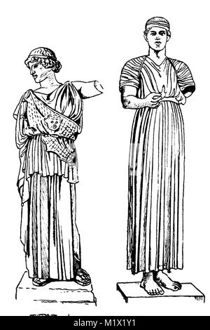 Mode, Kleidung in Griechenland, Blütezeit 5th-4th century BC, Links, die Pallas Athene in weiblichen Schmierblutungen, oberhalb der Aegis, die mythologische Ziegenfell mit Gorgon Kopf und einem Delphian wagenlenker das Tragen einer langen CHITON, digital verbesserte Reproduktion einer Vorlage drucken aus dem 19. Jahrhundert Stockfoto