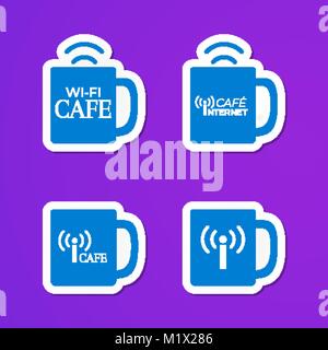 Satz von blauen Tassen Logo. Internet cafe Aufkleber. Wlan anmelden Stock Vektor