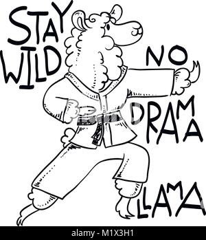 Karate Tier im Kimono, Vektor cute Abbildung. Stay wild, kein Drama. Furry llama Stock Vektor