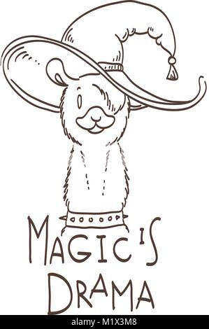Nette Karte mit Cartoon llama. Motivierende und inspirierende Angebot. Kritzeln Abbildung. Magie ist Drama, Lama Stock Vektor