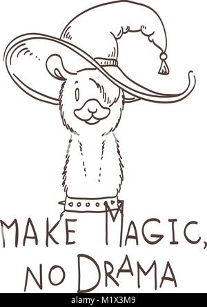 Nette Karte mit Cartoon llama. Motivierende und inspirierende Angebot. Kritzeln Abbildung. Magic machen, kein Drama, llama Stock Vektor
