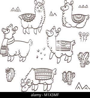 Cute Umrisse Lamas. Tinte Vector Illustration. Für Kinder und Malbücher. Pelztiere Sammlung Stock Vektor