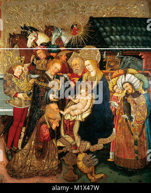 Jaume Ferrer II. (15. Jahrhundert). Epiphanie. Die Anbetung der Könige, 1457. Malerei auf Holz. Von der Kirche de la Sang, Alcover, Tarragona. Diözesan Museum von Tarragona, Katalonien, Spanien. Stockfoto