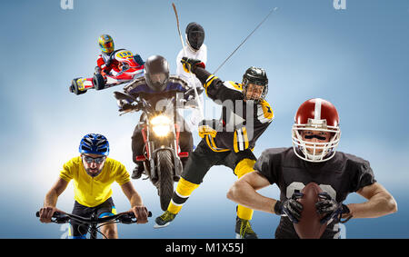 Die konzeptionelle Multi Sport Collage mit American Football, Eishockey, Radsport, Fechten, Motor Sport Stockfoto