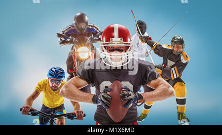 Die konzeptionelle Multi Sport Collage mit American Football, Eishockey, Radsport, Fechten, Motor Sport Stockfoto