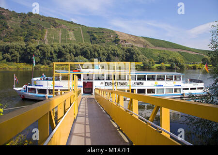 Ausflug Schiff an der Anlegestelle, Leiwen, Mosel, Rheinland-Pfalz, Deutschland, Europa Stockfoto