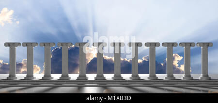 Marmorsäulen Reihe auf blauen bewölkten Himmel Hintergrund, Details, Ansicht von vorne. 3D-Darstellung Stockfoto