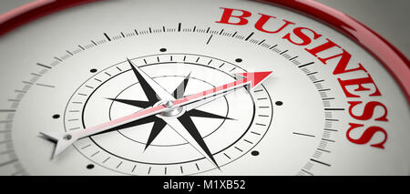 Geschäftskonzept. Kompass roter Pfeil in roten Buchstaben Wort Business zeigt. 3D-Darstellung
