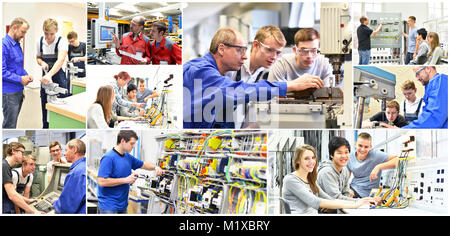 Gruppe von jungen Menschen in die technische Berufsausbildung mit Lehrer-Collage mit verschiedenen Abbildungen Stockfoto