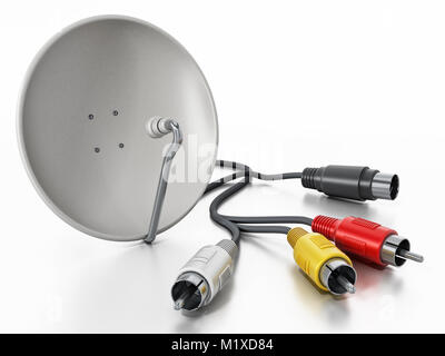 Satellitenschüssel und S-Video Kabel auf weißem Hintergrund. 3D-Darstellung. Stockfoto
