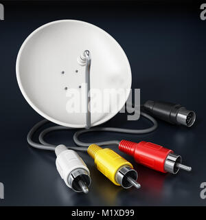 Satellitenschüssel und S-Video Kabel steht auf schwarzen Hintergrund. 3D-Darstellung. Stockfoto