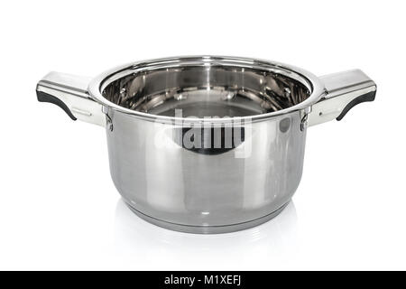 Premium Edelstahl Metall kochen Topf auf einem weißen Hintergrund. Stockfoto